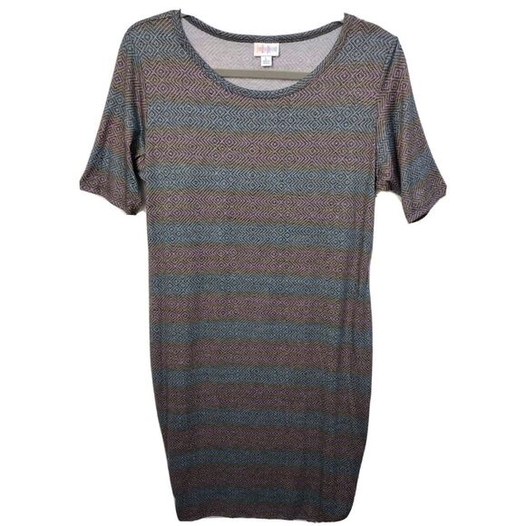 NWT Large LuLaRoe Dress Muted Gray/Teal/Pink Striped ~ MINT Condition ~L - Picture 1 of 5
